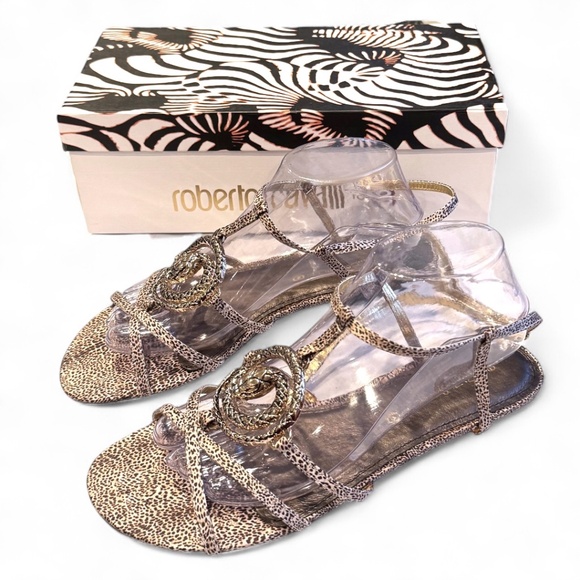 Roberto Cavalli Shoes - Roberto Cavalli “Jaguar” Embellished Flat Sandals – Size 9